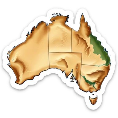 Cinematic-realistic outline of Australia, featuring its distinct landmass with accurately defined coastlines. The deep blue ocean surrounds the golden-brown continent, with subtle topographic shading to highlight its terrain. A soft glowing effect enhances the edges, making the shape stand out against a neutral, textured background. sticker