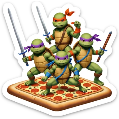 Vector emoji sticker of 4 Ninja Turtles: Leo (blue/swords), Raph (red/sais), Donnie (purple/staff), and Mikey (orange/nunchucks). Action poses, NYC rooftop, pizza box, bold comic style, white border. sticker