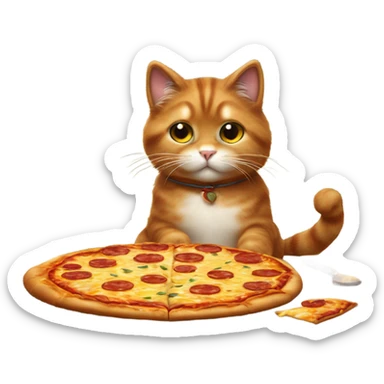 A cute, fluffy cat sitting on a rustic wooden table, playfully nibbling on a slice of pizza topped with melted cheese and pepperoni.  sticker
