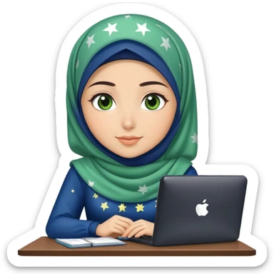 Turkish beautiful finish Konya girl blue starry hijab and green heart dress and she work on office sticker