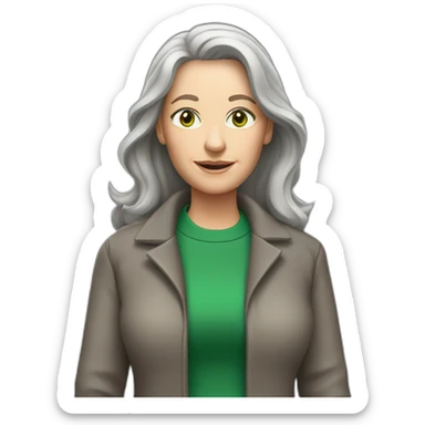 28 old women, white skin, long brown-blond hair, green eyes, red shirt in a gray jacket sticker