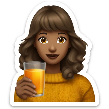 brown haired girl White woman with long dark brown hair and face framing layered bangs dressed in a mustard yellow sweater with a birthday hat and holding a glass filled with orange liquid with ice cubes  sticker