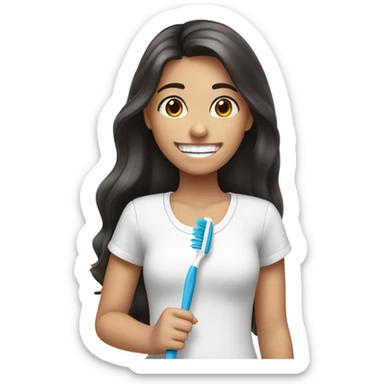 A beautiful girl with long dark hair, brown eyes, who smiles and has braces on her teeth. She has a toothbrush in her hand. sticker