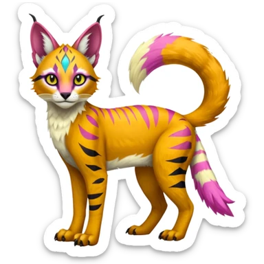Colorful tropical tribal pale light fruity pastel white glorious iridescent divine exotic cute albino neon vibrant zigzagged cool beautiful fantasy-caracal-civet-genet-sergal-vernid-Gryphon-Cacomistle-Trico-oncilla-animal-Fakémon-hybrid-fursona (full body), facial markings,  sticker
