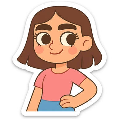pastel toon style pretty girl with thick eyebrows, straight brown hair and brown eyes, curled eyelashes sticker
