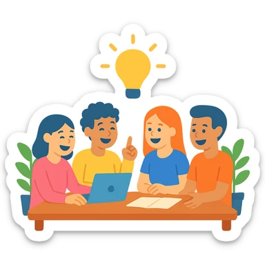 équipe de quatre étudiants, brainstorming autour d'une table, ambiance relax, rires et échanges, fond lumineux avec plantes vertes, style flat design, couleurs vives sticker