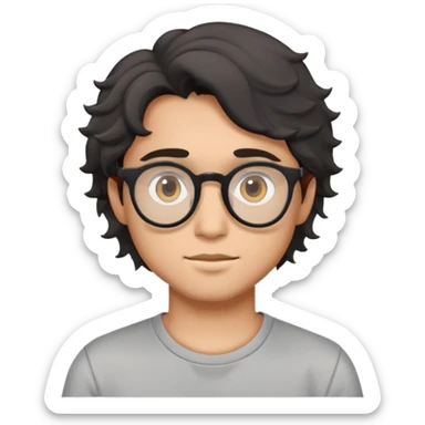 Young man with black wavy hair, round glasses, casual grey t-shirt sticker