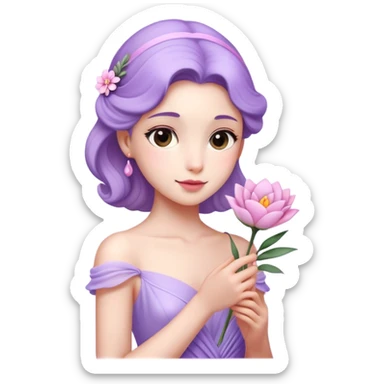 Cinematic Realistic Rapunzel Portrait, with porcelain-like skin featuring a subtle, natural glow, illuminated by soft lighting that brings out the gentle contours of her face. Her long, golden blonde hair cascades in detailed waves, each strand highlighted with a radiant shimmer as it catches the light. She playfully holds a flower in one hand, her other hand resting casually in her lap, with a warm and spirited expression. Her bright, expressive green eyes exude curiosity and warmth, framed by delicate lashes and soft, arched brows. She is dressed in her classic lavender and pink gown, the fabric textured with delicate folds that flow naturally, catching the light with a soft, radiant glow. The portrait captures a luminous, enchanting aura, seamlessly blending realism with a whimsical, fairytale charm, evoking a timeless sense of beauty and magic. sticker