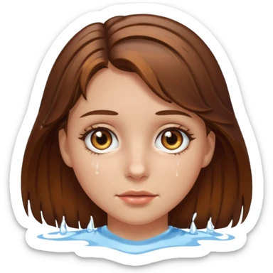 Girl with brown hair and hazel eyes and a wet face sticker