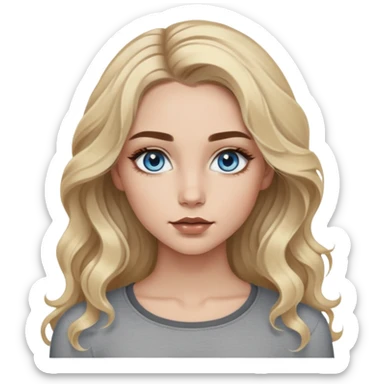 Girl with blue eyes. Blonde wavy hair with dark brown outgrowths. Long hair. Natural eyebrows with color like highlights. Painted eyelashes and lips lined with brown liner. With a gray long-sleeved crop top. Skinny in the face. sticker