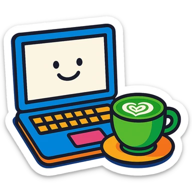 a MacBook and a matcha latte, playful cartoon style sticker