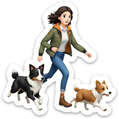 A beautiful tall girl with fair skin wearing a jacket chasing a Border Collie sticker