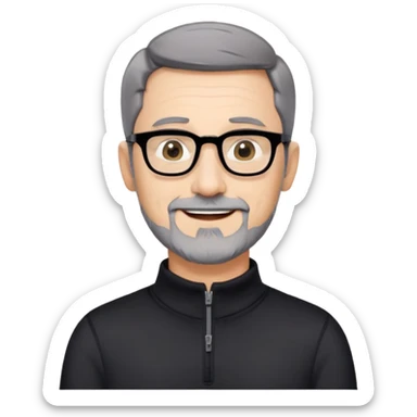 Caucasian man with very short black hair, short graying beard, large black eyeglasses, cheerful expression, black long sleeve shirt with quarter zip at collar sticker