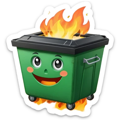 Green smiling dumpster with an open black lid and a fire burning inside it. there is litter and trash on the ground around it sticker