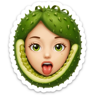 A girl opening her mouth insanely wide with a pickle inside her mouth  sticker