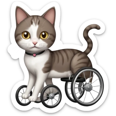 full body small short hair dark brown and white cat with hazel eyes walking in a wheelchair for cats sticker