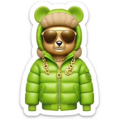 classic bearbrick wearing lime green mask with logo tags, oversized puffy down jacket with lavish fur hood, single-lens visor sunglasses, stacked gold chains, streetwear fashion icon sticker