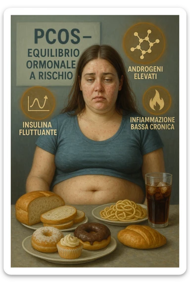 Donna tra i 25 e i 35 anni, seduta a tavola con un’espressione stanca e gonfia. Sul tavolo ci sono alimenti sbagliati per la sua condizione: dolci raffinati, pane bianco, pasta, bibite zuccherate. Intorno al suo corpo si vedono elementi simbolici che rappresentano gli effetti della PCOS peggiorata: insulina fluttuante, androgeni elevati, infiammazione bassa cronica. La sua pelle appare acneica, gonfiore addominale visibile, sguardo affaticato. Sullo sfondo, un cartello sfocato con scritto 'PCOS – equilibrio ormonale a rischio'. Stile realistico con elementi simbolici, toni freddi ma chiari in italiano sticker