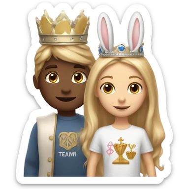 Two bunnies a girl and boy they both have crowns on because they are a queen and king. Boy has blonde hair, girl has long brown hair. They are holding a sign saying Team Bunny Forever  sticker