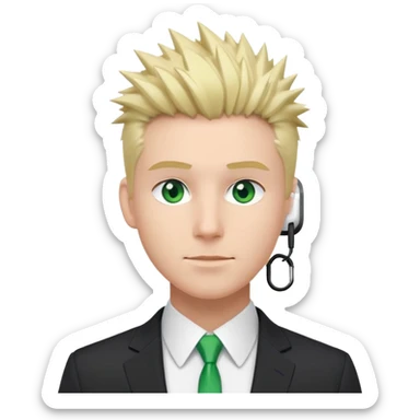 Spiky hair man in suit with AirPods in blonde hair green eyes sticker