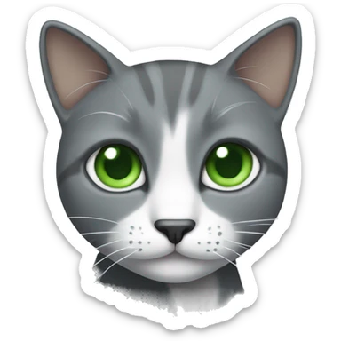 a grey cat with a white spot on its nose and white tips of its legs with green eyes sticker