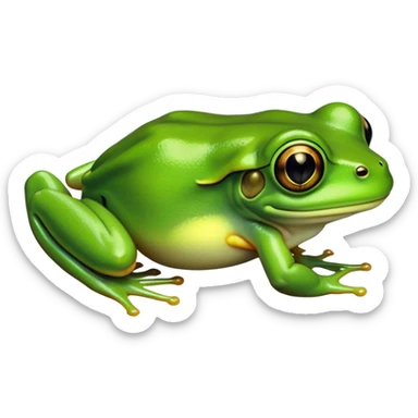 Cinematic Noble Green Tree Frog Portrait Emoji, Poised and alert, with a compact, vibrant body clad in bright, glossy green skin accented by delicate, sticky toe pads and large, bulging, observant eyes, Simplified yet sharp and sophisticated features, highly detailed, glowing with a soft, verdant luminescence, high shine, intelligent and sprightly, stylized with an air of tropical elegance, focused and attentive, soft glowing outline, capturing the essence of a watchful and confident amphibian that appears ready to leap out of the screen with effortless agility! sticker