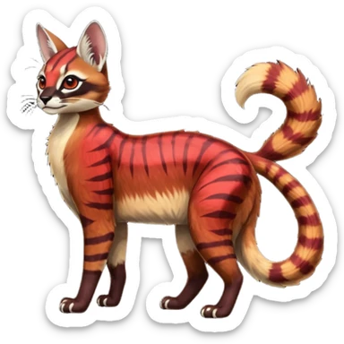 Vibrant-colored red-dark-brownish-furred colorful painted marked patterned Asian glorious divine exotic cute cool beautiful shiny beautiful fantasy-caracal-civet-genet-sergal-vernid-Cacomistle-oncilla-animal-Fakémon-hybrid-fursona (full body) sticker