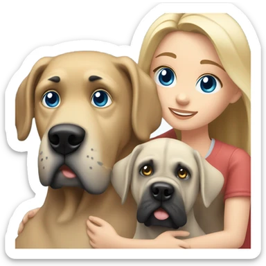 Brunette blue eye man and blonde blue eye girl hugging an English mastiff dog sticker