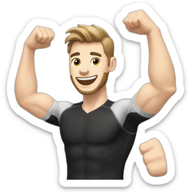 Joyful Celebrating victory Pale skinned Fit Man With the biceps and dark brown hair in black shirt, gray sports shorts and white Sneakers sticker