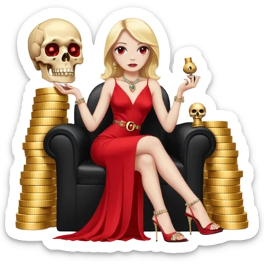 Lilith symbol red eye seductress evil shoulder length blonde haired powerful woman with Gucci  long dress with slit, sitting on of gold and diamonds. Black Platform high heels on feet. seat full of stacks,  dead human skull of her enemies in her other hand sticker