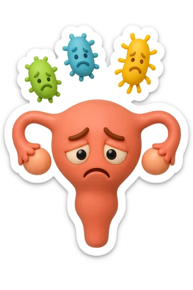 EMOJI STILE IPHONE 3D DI UTERO 3D CON ESPRESSIONE TRISTE  IN VOLTO MENTRE SOPRA LUI FLUTTUANO BATTERI, FAGLI ANCHE LA PARTE BIANCA DEGLI OCCHI, NON SOLO LA PUPILLA sticker