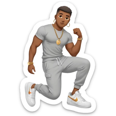 Handsome Black guy with brown skin tone, with muscular build, wearing gray sweatpants, a white t-shirt, white Air Force Ones sneakers, a small gold rope chain, and a gold watch  sticker