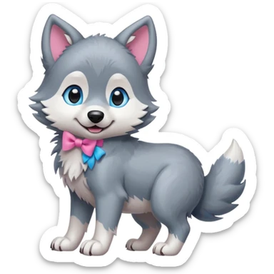 an animated gif-style sticker emote of a wolf puppy bent forward in a playful pose wagging its tail in a smooth, natural arc over its back. It has a pink bow in front of its ear and bright blue eyes sticker