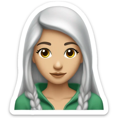 Jeune femme Elf de 18 ans avec de longs cheveux dans le dos et des mèches sur le visage, les cheveux gris clair, les yeux émeraude, une veste à capuche, une lance, qui manipule le vent, un regard de confiance sticker