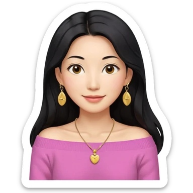 South Korean girl in her mid-thirties with long black hair with a middle part. She is wearing a pink, off the shoulder long sleeve knit sweater, extra small gold earrings and a gold necklace. She has brown eyes with narrow, mono lid shape and smiling with lips together sticker