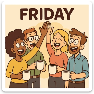 a group high-five with coffee cups in hand, celebrating Friday morning together, bright and colorful cartoon style sticker