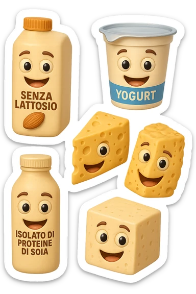 emoji stile iphone 3d di Latte e yogurt delattosati in italiano
Latte di mandorla (non zuccherato)
Latte di soia da proteine isolate
Formaggi stagionati (es. parmigiano)
Tofu compatto e tempeh
 che fluttuano in aria, iperealistico 4k sticker