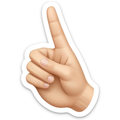 A realistic close-up photo of a right hand entering the frame from the bottom right corner, back of the hand facing the camera, pointing diagonally upwards to the left with only the thumb and index finger extended in a finger gun or L-shape gesture, other fingers closed and tucked in. sticker