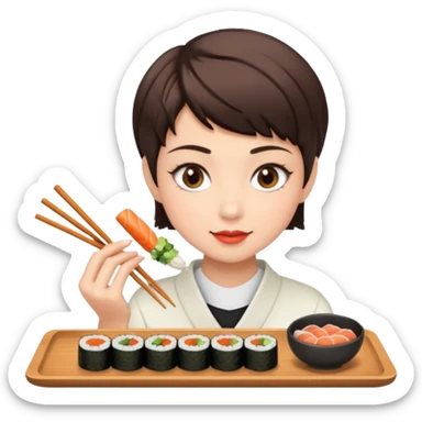Brunette girl pixiecut Hair Brown eating sushi food  sticker