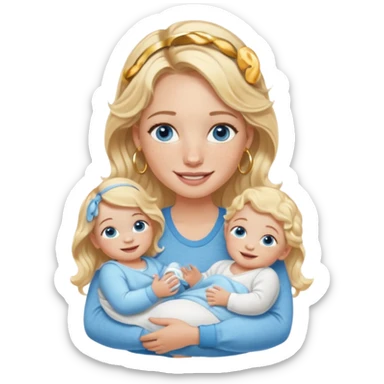 Wavy blonde, white woman with blue eyes, freckles hoop earrings, holding babies smiling and really cute in gold hoops she needs to be holding three newborns, and she needs to be more cute than pretty sticker