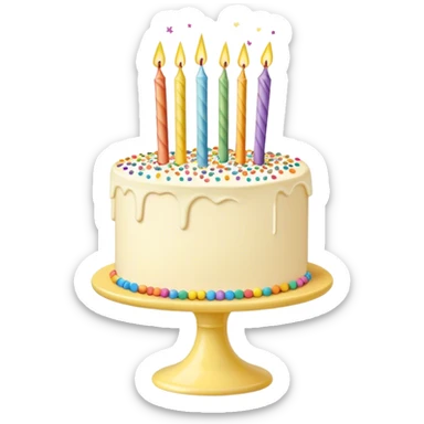 Vanilla buttercream cake on a light yellow cake stand, rainbow confetti sprinkles and sparklers sticker