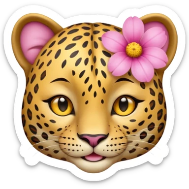 A cutE leopard face with eyes closed and a peaceful smile. A pink flower with a yellow center is tucked behind its right ear, adding a charming and gentle touch.  sticker