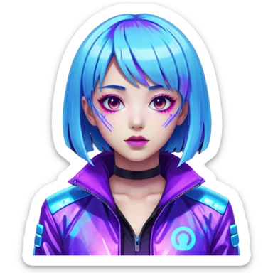 Cyberpunk Japanese girl with neon blue wig, holographic jacket, digital glitches effect, dark background with purple glow, iOS app icon style sticker