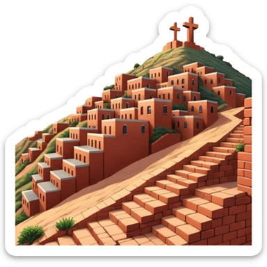 Urban Peruvian hillside neighborhood, brick houses stacked on steep hills of the desert, unfinished red brick buildings,, narrow stairways, electric cables crossing the sky, sunset lighting, realistic style, cinematic, high detail in the desert, cross monument at the top sticker