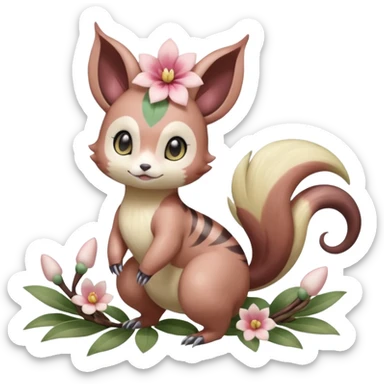 Cute Romantic Realistic Floral Meloetta-Furret-Palkia-Cresselia-Digimon-Pokémon-Fakémon-hybrid-fusion, full body sticker