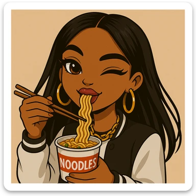 Change the pose to a 20-year-old anime Bratz style woman with dark skin, straight hair, trendy outfit, big expressive eyes, glossy lips, no hat, no tears, happy expression, looking straight ahead, eating a cup of noodles with chopsticks, headshot only. sticker