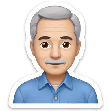 Older Hispanic man in his 60s with light skin, round face, wide jaw, broad cheekbones. Expressive dark brown eyes, thick eyebrows. Short gray/white hair with receding hairline. Well-shaved. Friendly expression. Wearing a button-down shirt in blue. sticker