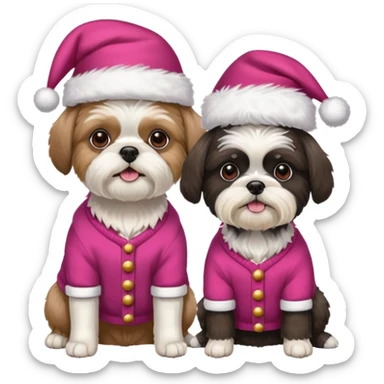 two dogs one little white all over shih tzu dog with pink santa hat and one bigger mostly white with black havanese dog wearing red christmas sweater and red christmas hat sticker