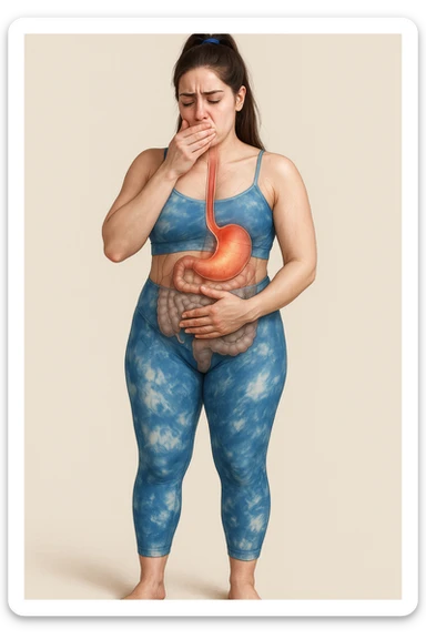 Realistic anatomical illustration of a woman in sportswear inspired by the reference photo, with one hand on her mouth and the other on her belly, sign of reflux. Highlight esophagus, stomach, and involved organs, expression of burning sensation, neutral background. sticker