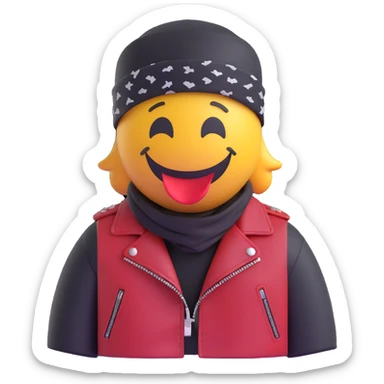 3D smiley emoji, round shape, chopper motorcyclist: long handlebars, leather jacket, bandana, funny face sticker